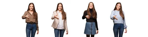 Коллекция Молодых Симпатичных Женщин Протягивает Руку Поприветствовать — стоковое фото