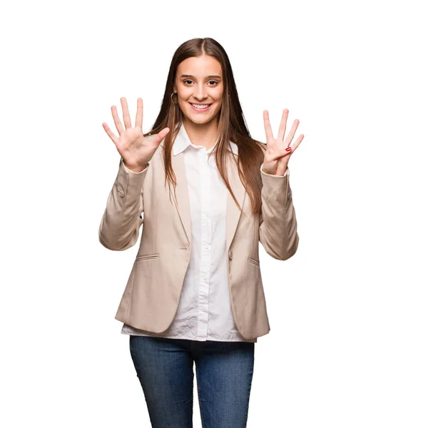 Young Caucasian Business Woman Showing Number Nine — Stock Photo, Image