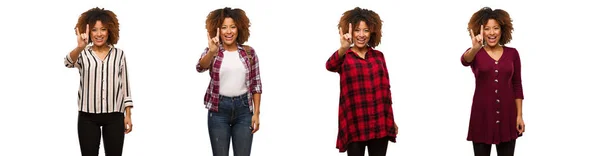 Coleção Jovem Mulher Negra Fazendo Gesto Rock — Fotografia de Stock