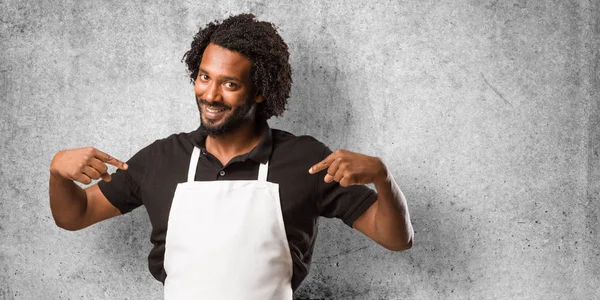 Handsome African American Baker Proud Confident Pointing Fingers Example Follow — Stock Photo, Image