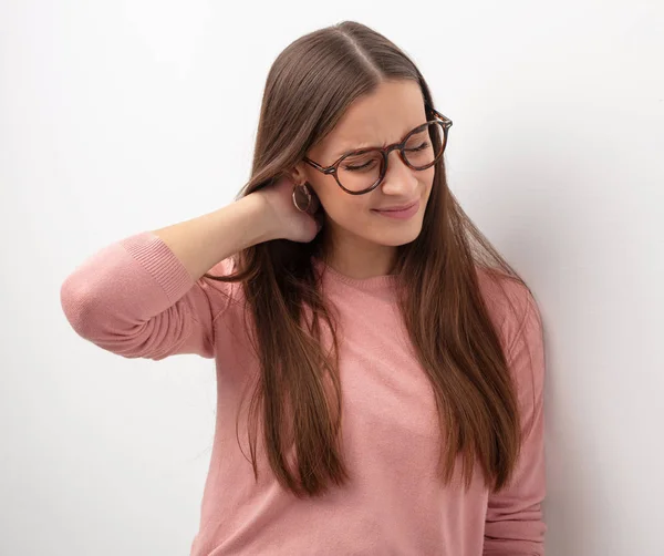 Young Cute Woman Suffering Neck Pain — Stock Photo, Image