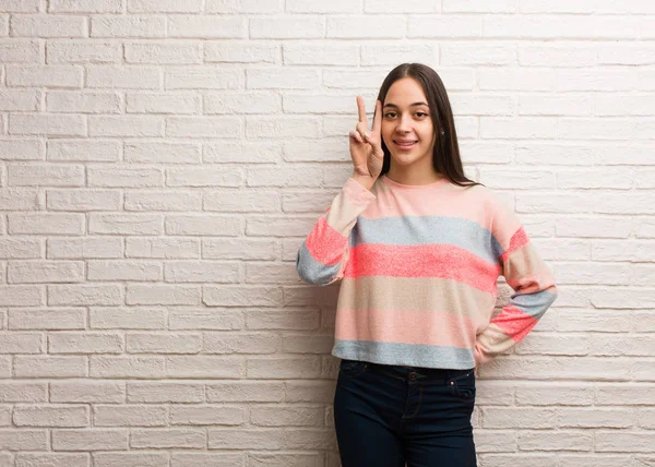 Young Modern Woman Fun Happy Doing Gesture Victory — Stock Photo, Image