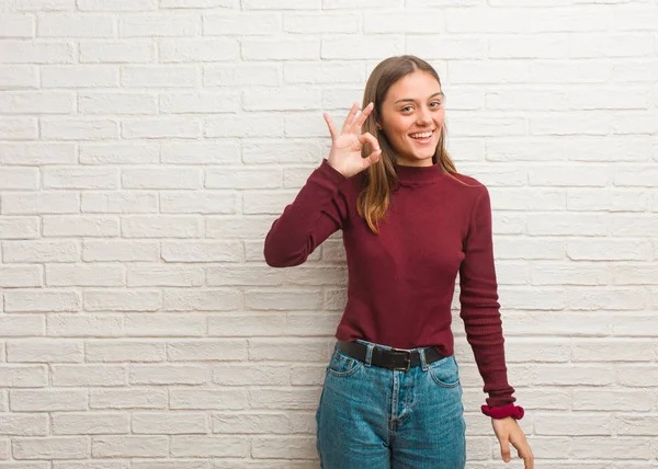 Young Cool Woman Bricks Wall Cheerful Confident Doing Gesture — Stock Photo, Image