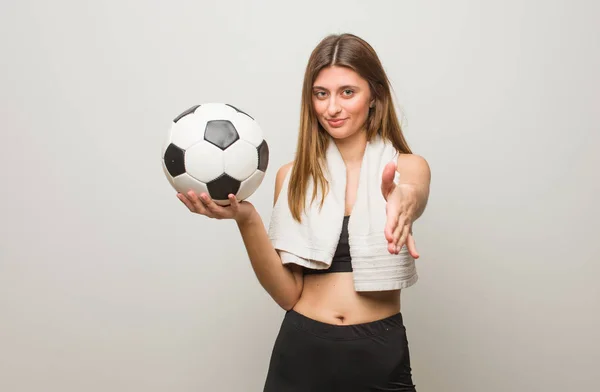 Young Fitness Russian Woman Reaching Out Greet Someone Holding Soccer — Stock Photo, Image