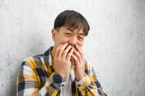 Young Chinese Man Face Closeup Laughing Something Covering Mouth Hands — Stock Photo, Image