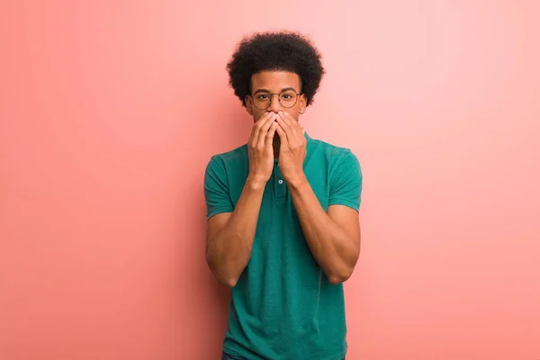 Young African American Man Pink Wall Very Scared Afraid Hidden — Stock Photo, Image