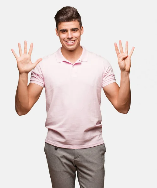 Jovem Homem Bonito Mostrando Número Nove — Fotografia de Stock