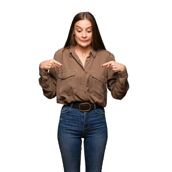 Young Caucasian Woman Pointing — Stock Photo, Image