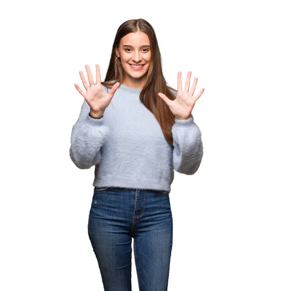 Young Caucasian Woman Showing Number Ten — Stock Photo, Image
