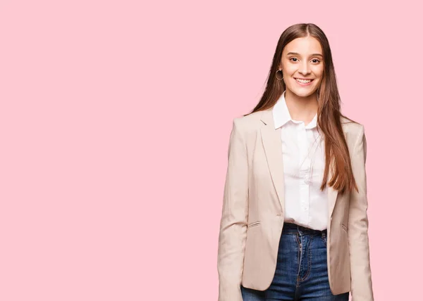 Joven Mujer Negocios Caucásica Alegre Con Una Gran Sonrisa —  Fotos de Stock