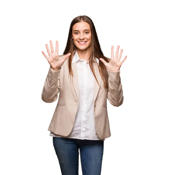 Young Caucasian Business Woman Showing Number Ten — Stock Photo, Image