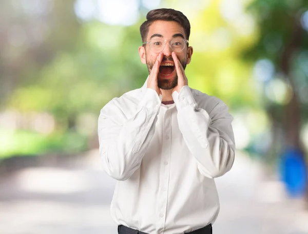 Young Handsome Business Man Shouting Something Happy Front — Stock Photo, Image