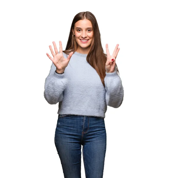 Junge Kaukasierin Mit Nummer Acht — Stockfoto