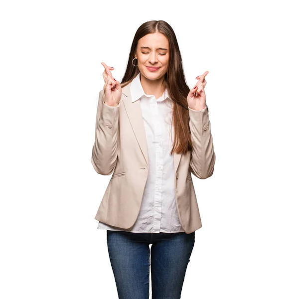 Young Caucasian Business Woman Crossing Fingers Having Luck — Stock Photo, Image