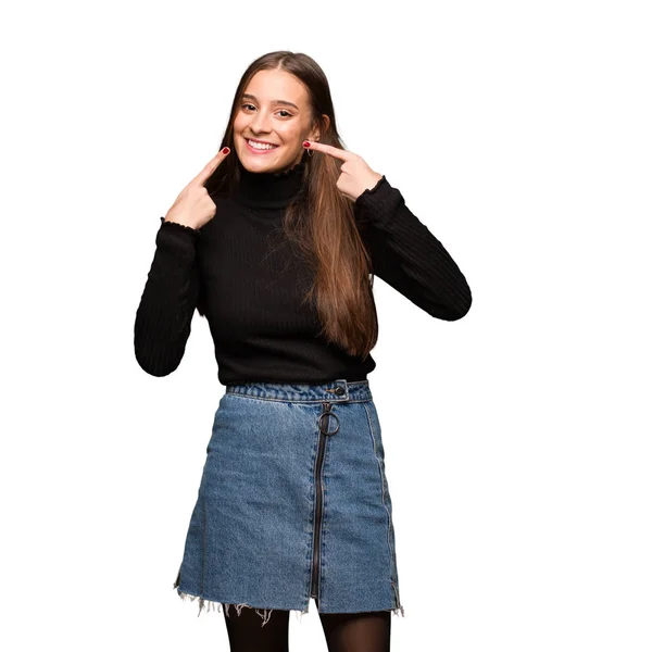 Genç Sevimli Kadın Gülümsüyor Ağız Işaret — Stok fotoğraf