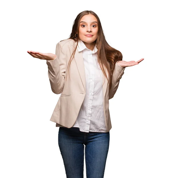 Young Caucasian Business Woman Doubting Shrugging Shoulders — Stock Photo, Image