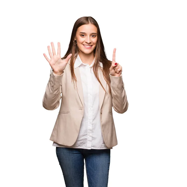 Young Caucasian Business Woman Showing Number Six — Stock Photo, Image