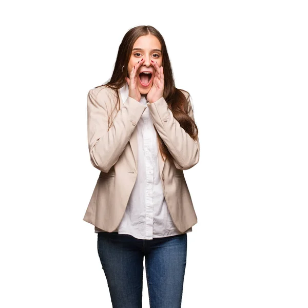 Giovane Donna Affari Caucasica Gridando Qualcosa Felice Fronte — Foto Stock