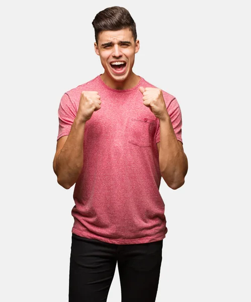 Jovem Homem Bonito Colocando Mão Frente — Fotografia de Stock