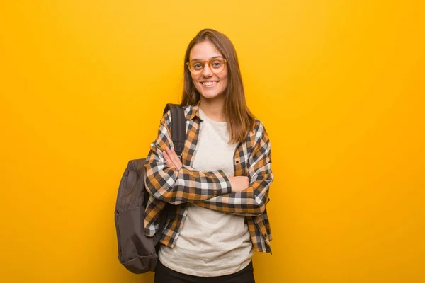 Young Student Woman Crossing Arms Smiling Relaxed — 스톡 사진