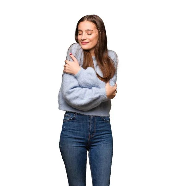 Νεαρή Γυναίκα Καυκάσιος Δίνοντας Μια Αγκαλιά — Φωτογραφία Αρχείου