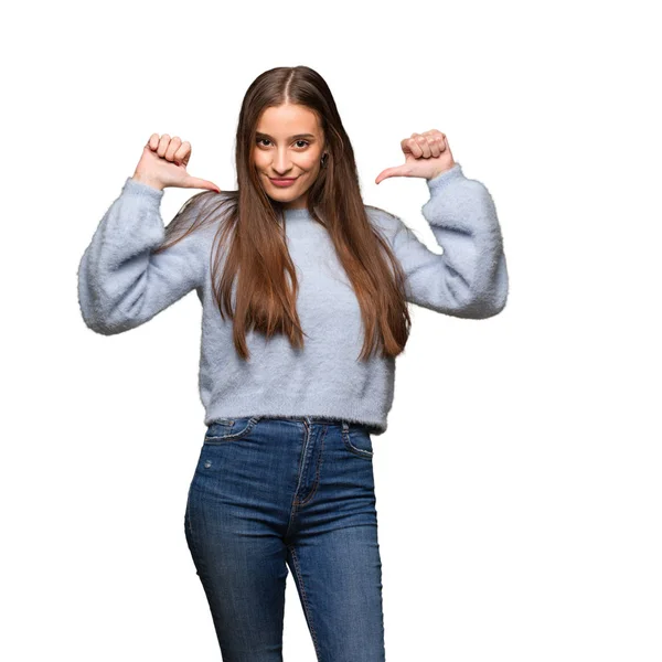 Young Caucasian Woman Pointing Fingers Example Follow — Stock Photo, Image