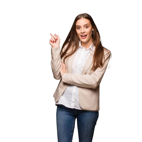 Young Caucasian Business Woman Pointing Side Finger — Stock Photo, Image