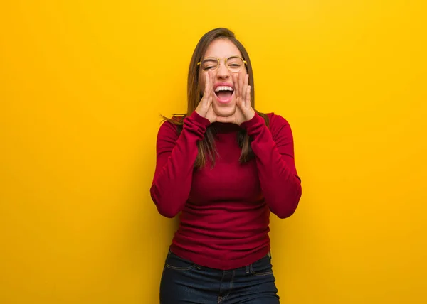 Young Intellectual Woman Shouting Something Happy Front — 스톡 사진