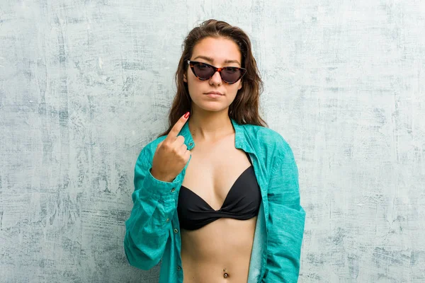 Young European Woman Wearing Bikini Pointing Finger You Inviting Come — 스톡 사진