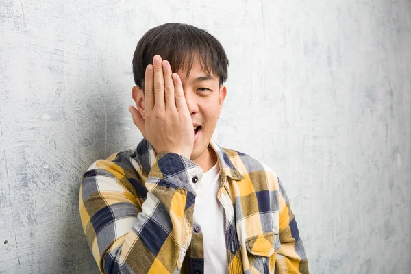 Young Chinese Man Face Closeup Shouting Happy Covering Face Hand — Stock Photo, Image