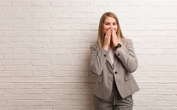 Young Russian Business Woman Laughing Something Covering Mouth Hands — 스톡 사진