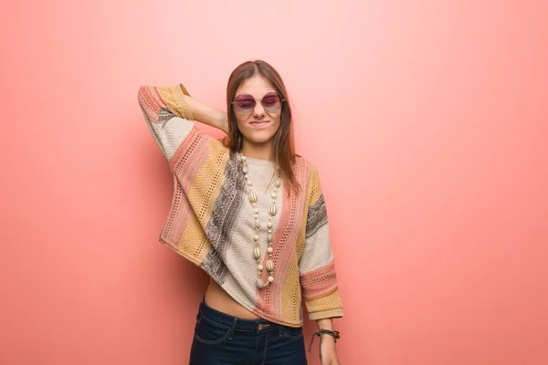 Young Hippie Woman Pink Background Suffering Neck Pain — 스톡 사진