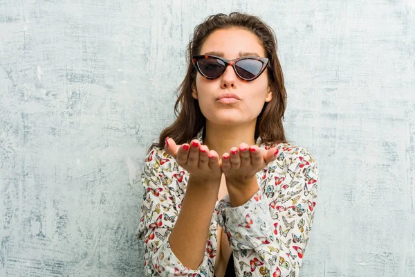 Young European Woman Wearing Bikini Folding Lips Holding Palms Send — Stock Photo, Image