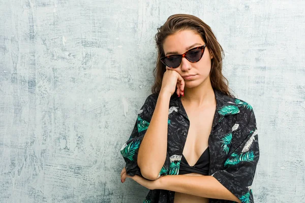 Young European Woman Wearing Bikini Who Feels Sad Pensive Looking — 스톡 사진