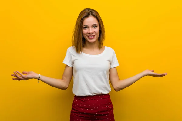 Young Natural Caucasian Woman Showing Welcome Expression — 스톡 사진