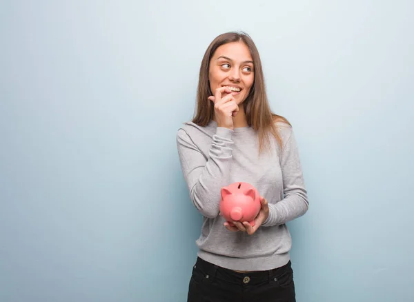 Young Pretty Caucasian Woman Relaxed Thinking Something Looking Copy Space — Stock Photo, Image