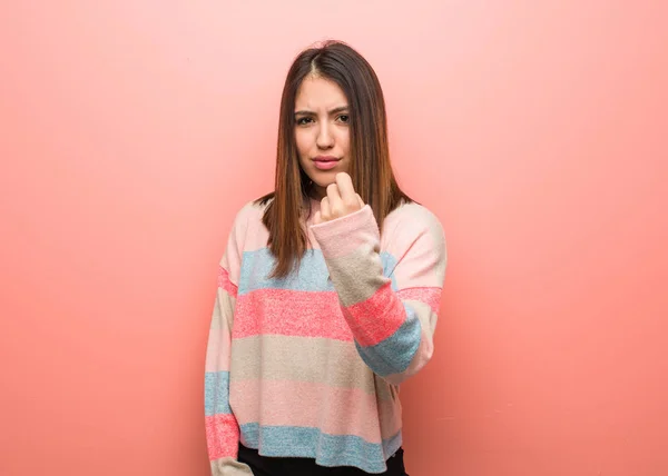 Young Cute Woman Showing Fist Front Angry Expression — Stock Photo, Image