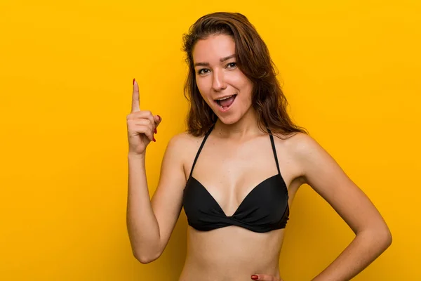 Young European Woman Wearing Bikini Having Idea Inspiration Concept — Stock Photo, Image