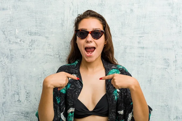 Young European Woman Wearing Bikini Surprised Pointing Herself Smiling Broadly — Stock Photo, Image