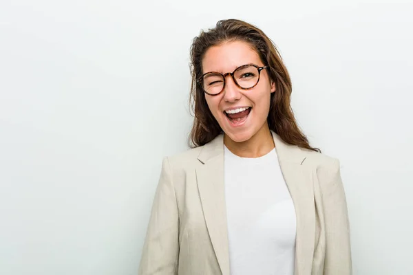 Young European Business Woman Winking Funny Friendly Carefree — Stock Photo, Image