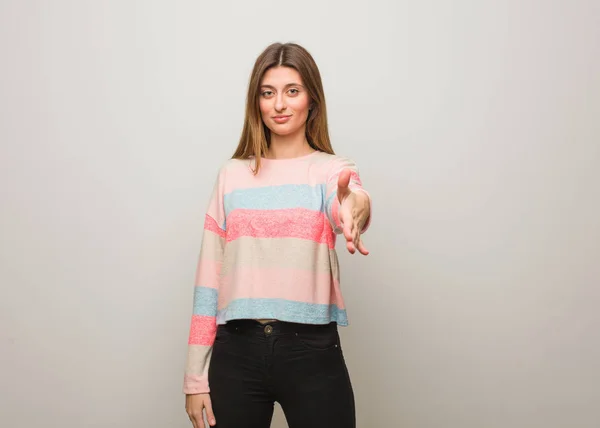 Young Russian Girl Reaching Out Greet Someone — Stock Photo, Image