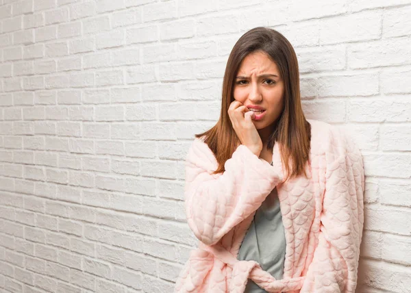 Young Woman Wearing Pajama Biting Nails Nervous Very Anxious — ストック写真