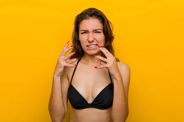 Young European Woman Wearing Bikini Upset Screaming Tense Hands — 스톡 사진