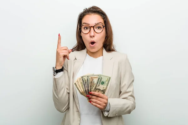 Young European Business Woman Holding Dollar Banknotes Having Some Great — Stock Photo, Image