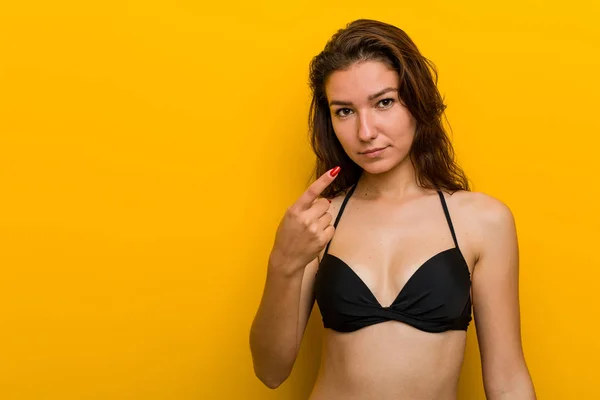 Young European Woman Wearing Bikini Pointing Finger You Inviting Come — 스톡 사진