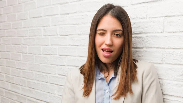 Young Business Woman Winking Funny Friendly Carefree Gesture — ストック写真