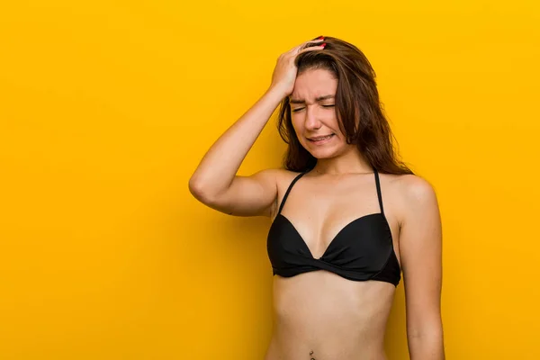 Young European Woman Wearing Bikini Forgetting Something Slapping Forehead Palm — 스톡 사진