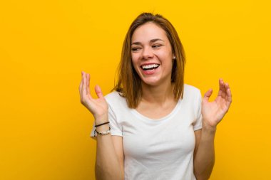 Young natural caucasian woman joyful laughing a lot. Happiness concept.