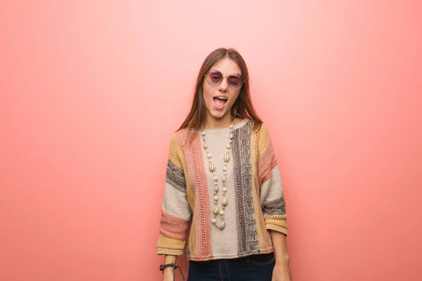 Young Hippie Woman Pink Background Winking Funny Friendly Carefree Gesture — Stock Photo, Image