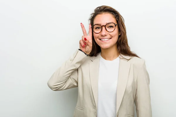 Young European Business Woman Showing Victory Sign Smiling Broadly — 스톡 사진